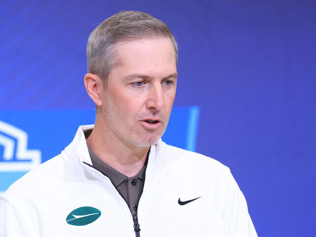 INDIANAPOLIS, INDIANA - FEBRUARY 24: General manager Darren Mougey of the New York Jets speaks to the media during the 2026 NFL Scouting Combine at Lucas Oil Stadium on February 24, 2026 in Indianapolis, Indiana.