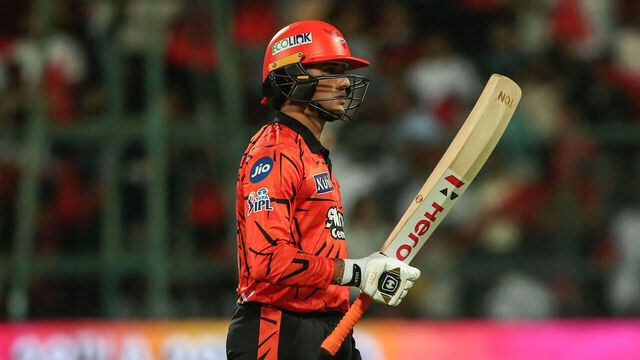 Sunrisers Hyderabad's Indian cricket player Abhishek Sharma walks back to the pavilion after his dismissal during the 2026 Indian Premier League (IPL) T20 match between Royal Challengers Bengaluru and Sunrisers Hyderabad at the M Chinnaswamy Stadium in Bengaluru on March 28, 2026. / -- IMAGE RESTRICTED TO EDITORIAL USE - STRICTLY NO COMMERCIAL USE --