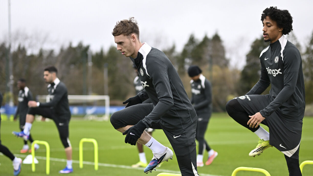 COBHAM, ENGLAND - FEBRUARY 27: Cole Palmer and Joao Pedro of Chelsea during a training session at Chelsea Training Ground on February 27, 2026 in Cobham, England.
