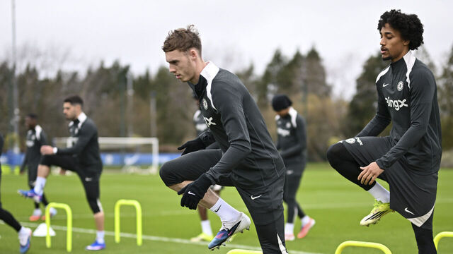 COBHAM, ENGLAND - FEBRUARY 27: Cole Palmer and Joao Pedro of Chelsea during a training session at Chelsea Training Ground on February 27, 2026 in Cobham, England.