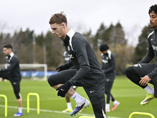 COBHAM, ENGLAND - FEBRUARY 27: Cole Palmer and Joao Pedro of Chelsea during a training session at Chelsea Training Ground on February 27, 2026 in Cobham, England.