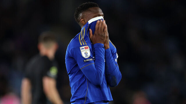 LEICESTER, ENGLAND - APRIL 21: Patson Daka of Leicester City looks dejected during the Sky Bet Championship match between Leicester City and Hull City at The King Power Stadium on April 21, 2026 in Leicester, England.