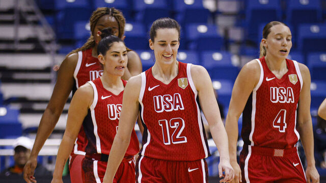 Paige Bueckers #4, Kelsey Plum #5, and Caitlin Clark #12 of the United States play during the game at the 2026 FIBA World Cup Qualifying Tournament between New Zealand and the United States in San Juan, Puerto Rico, on March 15, 2026, at Coliseo Jose Miguel Agrelot.