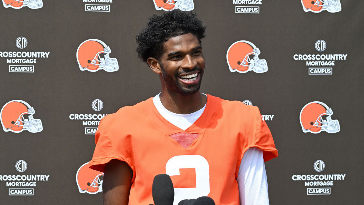 BEREA, OHIO - APRIL 21: Shedeur Sanders #2 of the Cleveland Browns answers questions from the media after a voluntary veteran minicamp at CrossCountry Mortgage Campus on April 21, 2026 in Berea, Ohio.
