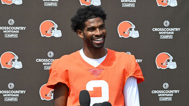 BEREA, OHIO - APRIL 21: Shedeur Sanders #2 of the Cleveland Browns answers questions from the media after a voluntary veteran minicamp at CrossCountry Mortgage Campus on April 21, 2026 in Berea, Ohio.