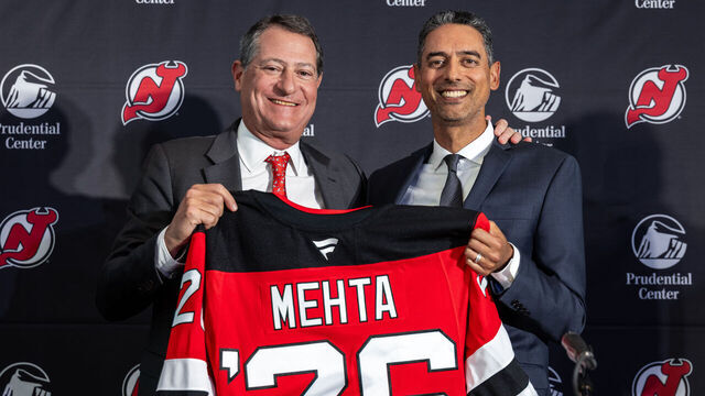 NEWARK, NEW JERSEY - APRIL 21: The New Jersey Devils owner David Blitzer poses with new General Manager Sunny Mehta at Prudential Center on April 21, 2026 in Newark, New Jersey.