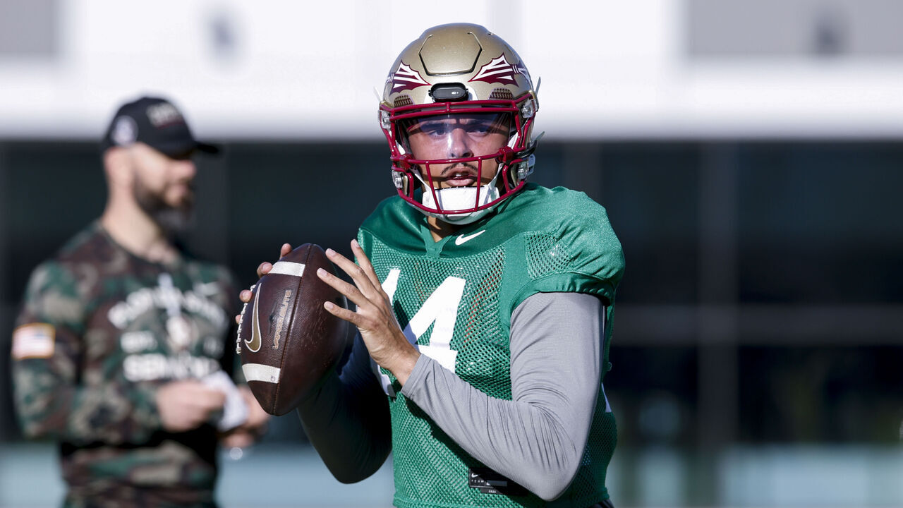 TALLAHASSEE, FL - MARCH 13: Quarterback Ashton Daniels #14 of the Florida State Seminoles works out during Spring Football Practice at the Albert J. Dunlap Athletic Training Facility on the campus of Florida State University on March 13, 2026 in Tallahassee, Florida.
