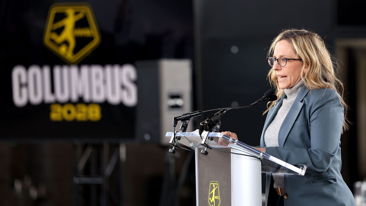 COLUMBUS, OHIO - APRIL 21: NWSL commissioner Jessica Berman speaks to the media while making the announcement for a new team in Columbus at ScottsMiracle-Gro Field on April 21, 2026 in Columbus, Ohio.