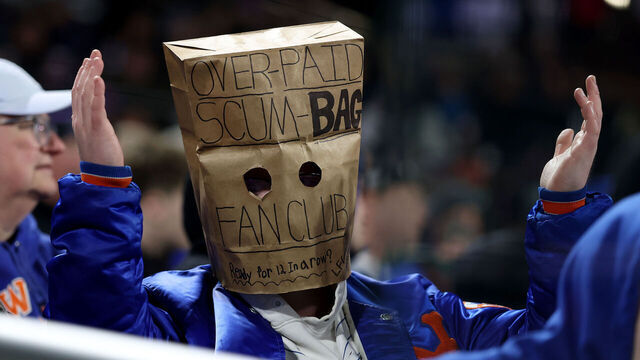 NEW YORK, NEW YORK - APRIL 21: (EDITOR'S NOTE: Image contains profanity.) A New York Mets fan expresses frustration during the game against the Minnesota Twins at Citi Field on April 21, 2026 in the Flushing neighborhood of the Queens borough of New York City.