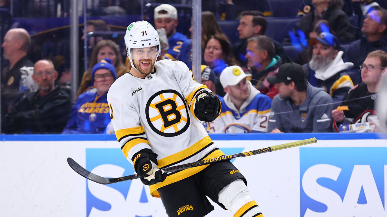 BUFFALO, NEW YORK - APRIL 21: Viktor Arvidsson #71 of the Boston Bruins celebrates his third period goal against the Buffalo Sabres in Game Two of the First Round of the 2026 Stanley Cup Playoffs at KeyBank Center on April 21, 2026 in Buffalo, New York.