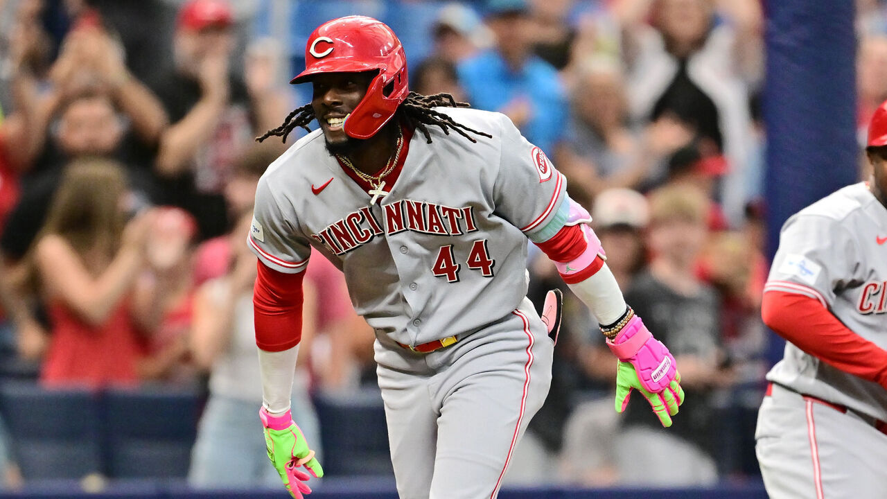 ST PETERSBURG, FLORIDA - APRIL 21: Elly de la Cruz #44 of the Cincinnati Reds celebrates hitting a two-run home run in the first inning against the Tampa Bay Rays at Tropicana Field on April 21, 2026 in St Petersburg, Florida.
