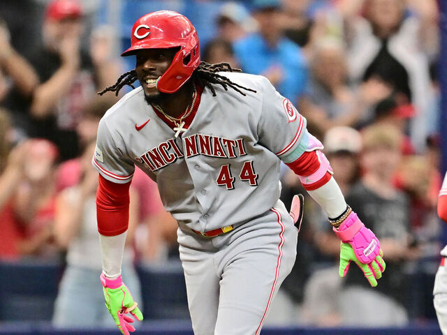 ST PETERSBURG, FLORIDA - APRIL 21: Elly de la Cruz #44 of the Cincinnati Reds celebrates hitting a two-run home run in the first inning against the Tampa Bay Rays at Tropicana Field on April 21, 2026 in St Petersburg, Florida.