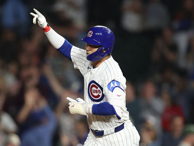 CHICAGO, ILLINOIS - APRIL 21: Seiya Suzuki #27 of the Chicago Cubs celebrates after hitting a two-run home run against the Philadelphia Phillies during the seventh inning at Wrigley Field on April 21, 2026 in Chicago, Illinois.