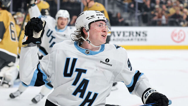 LAS VEGAS, NEVADA - APRIL 21: Logan Cooley #92 of the Utah Mammoth celebrates his goal against the Vegas Golden Knights in the third period of Game Two of the First Round of the 2026 Stanley Cup Playoffs at T-Mobile Arena on April 21, 2026 in Las Vegas, Nevada.