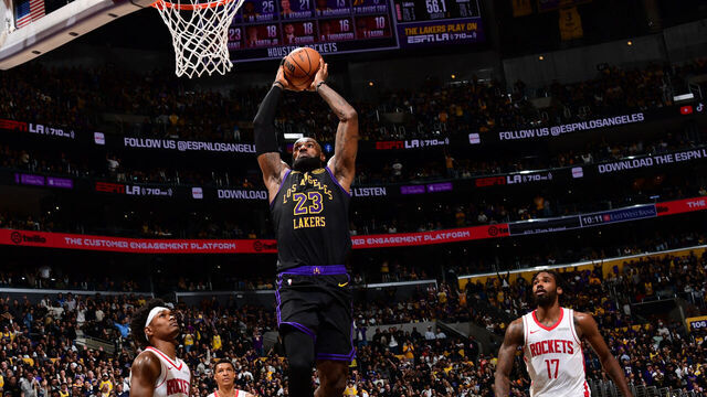 LOS ANGELES, CA - APRIL 21: LeBron James #23 of the Los Angeles Lakers dunks the ball during the game against the Houston Rockets during Round One Game Two of the 2026 NBA Playoffs on April 21, 2026 at Crypto.Com Arena in Los Angeles, California. NOTE TO USER: User expressly acknowledges and agrees that, by downloading and/or using this Photograph, user is consenting to the terms and conditions of the Getty Images License Agreement. Mandatory Copyright Notice: Copyright 2026 NBAE