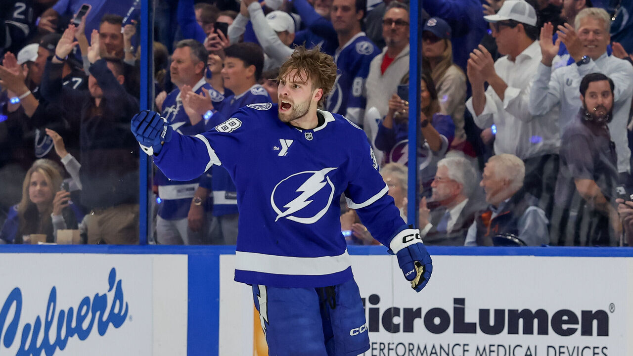 TAMPA, FL - APRIL 21: Brandon Hagel #38 of the Tampa Bay Lightning cheers on the crowd as heads to the penalty box after a fight against the Montréal Canadiens during the first period of Game Two of the First Round of the 2026 Stanley Cup Playoffs at the Benchmark International Arena on April 21, 2026 in Tampa, Florida.