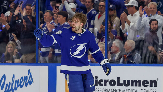 TAMPA, FL - APRIL 21: Brandon Hagel #38 of the Tampa Bay Lightning cheers on the crowd as heads to the penalty box after a fight against the Montréal Canadiens during the first period of Game Two of the First Round of the 2026 Stanley Cup Playoffs at the Benchmark International Arena on April 21, 2026 in Tampa, Florida.