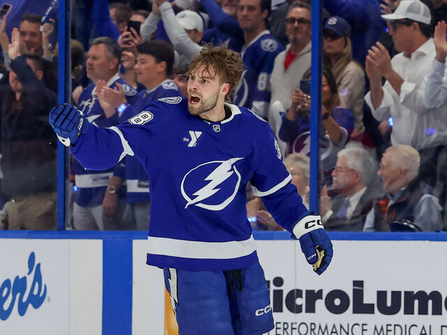TAMPA, FL - APRIL 21: Brandon Hagel #38 of the Tampa Bay Lightning cheers on the crowd as heads to the penalty box after a fight against the Montréal Canadiens during the first period of Game Two of the First Round of the 2026 Stanley Cup Playoffs at the Benchmark International Arena on April 21, 2026 in Tampa, Florida.