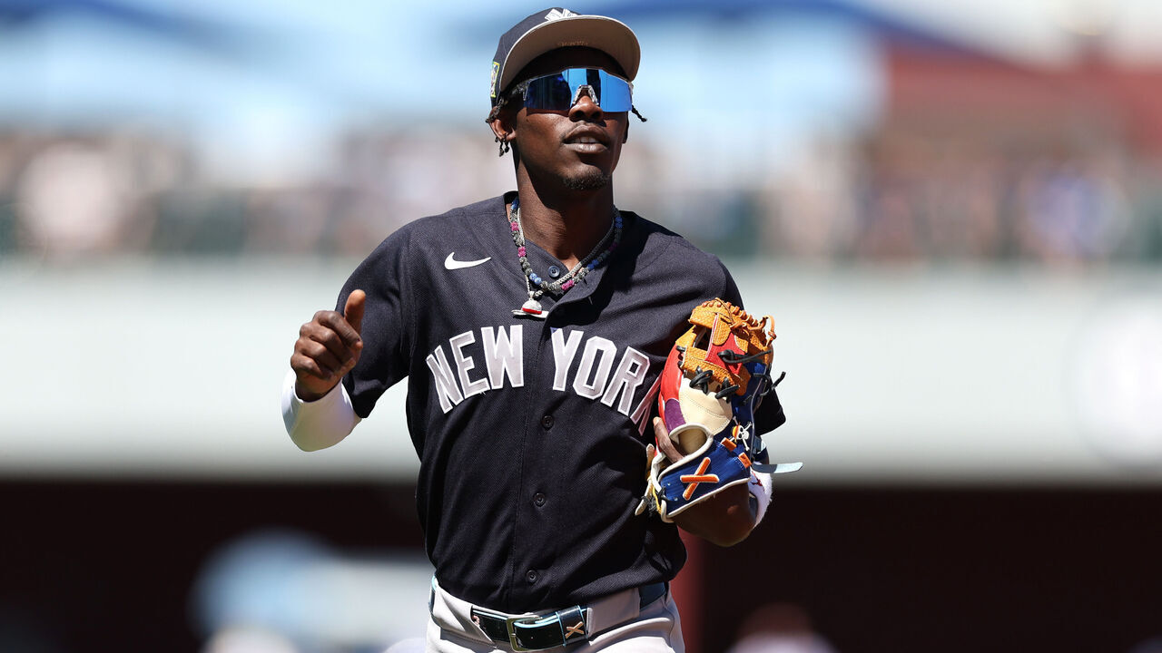 MESA, ARIZONA - MARCH 24: Jazz Chisholm Jr. #13 of the New York Yankees during the third inning of a spring training game against the Chicago Cubs at Sloan Park on March 24, 2026 in Mesa, Arizona.
