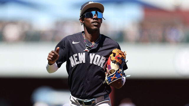MESA, ARIZONA - MARCH 24: Jazz Chisholm Jr. #13 of the New York Yankees during the third inning of a spring training game against the Chicago Cubs at Sloan Park on March 24, 2026 in Mesa, Arizona.