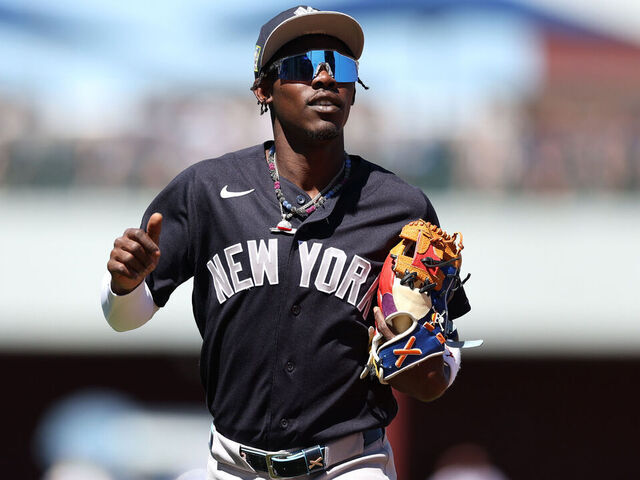 MESA, ARIZONA - MARCH 24: Jazz Chisholm Jr. #13 of the New York Yankees during the third inning of a spring training game against the Chicago Cubs at Sloan Park on March 24, 2026 in Mesa, Arizona.