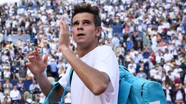 BARCELONA, SPAIN - APRIL 18: Rafael Jodar of Spain acknowledges the crowd as he leaves the court following his defeat against Arthur Fils in the Men's Singles Semifinal Final Match during day six of the Barcelona Open Banc Sabadell 2026 at Real Club De Tenis Barcelona on April 18, 2026 in Barcelona, Spain.