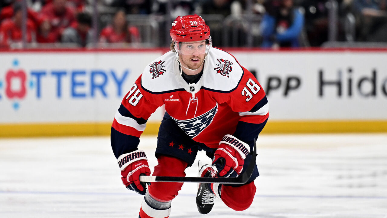 WASHINGTON, DC - MARCH 22: Rasmus Sandin #38 of the Washington Capitals skates down the ice against the Colorado Avalanche at Capital One Arena on March 22, 2026 in Washington, DC.