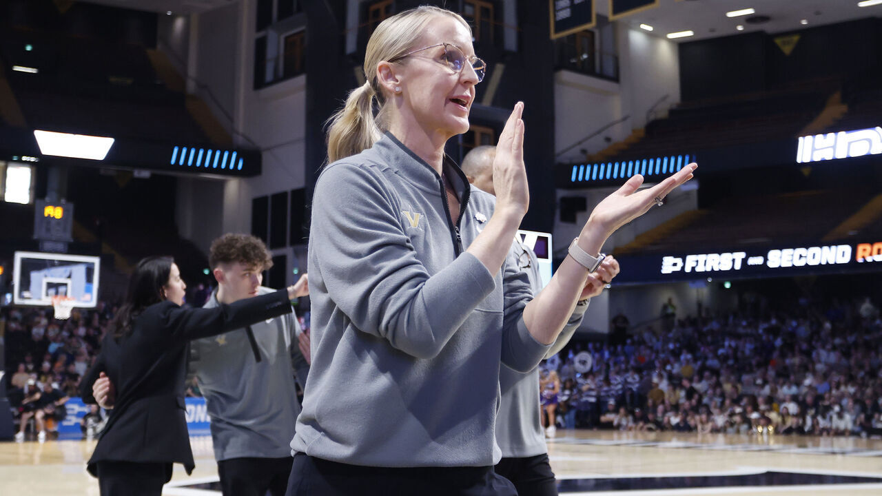 NASHVILLE, TENNESSEE - MARCH 21: Head Coach Shea Ralph of the Vanderbilt Commodores reacts to a play during the first half of the first round game of the 2026 NCAA Women's Basketball Tournament against the High Point Panthers at Memorial Gym on March 21, 2026 in Nashville, Tennessee.