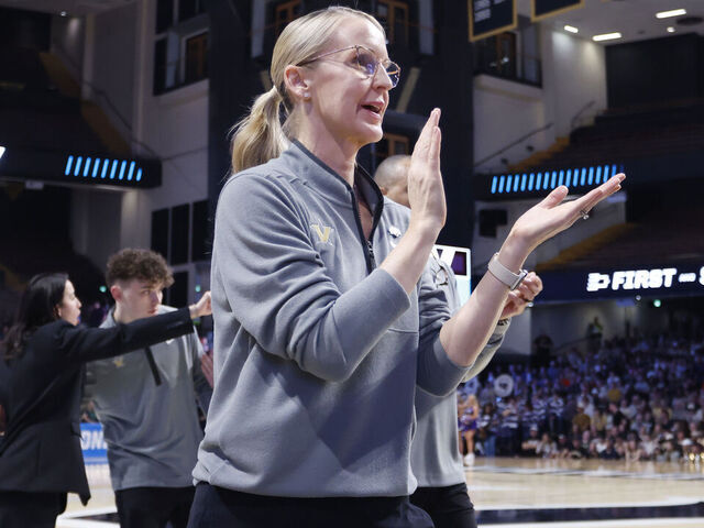 NASHVILLE, TENNESSEE - MARCH 21: Head Coach Shea Ralph of the Vanderbilt Commodores reacts to a play during the first half of the first round game of the 2026 NCAA Women's Basketball Tournament against the High Point Panthers at Memorial Gym on March 21, 2026 in Nashville, Tennessee.