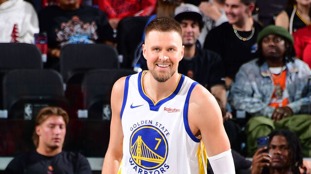 INGLEWOOD, CA - APRIL 15: Kristaps Porzingis #7 of the Golden State Warriors smiles during the game against the LA Clippers during the SoFi Play-In Tournament on April 15, 2026 at Intuit Dome in Los Angeles, California. NOTE TO USER: User expressly acknowledges and agrees that, by downloading and/or using this Photograph, user is consenting to the terms and conditions of the Getty Images License Agreement. Mandatory Copyright Notice: Copyright 2026 NBAE