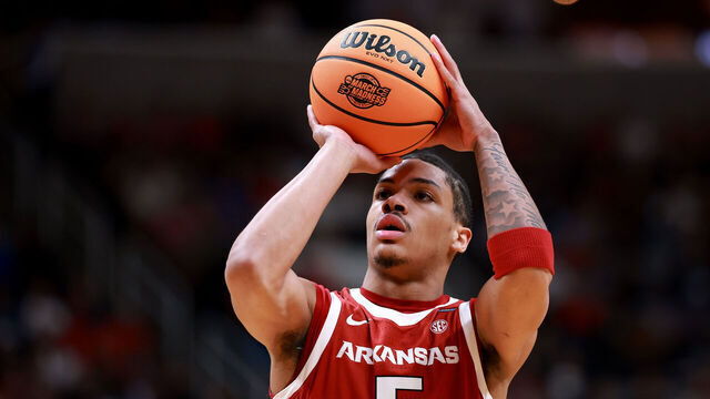 SAN JOSE, CALIFORNIA - MARCH 26: Darius Acuff Jr. #5 of the Arkansas Razorbacks shoots a free throw against the Arizona Wildcats during the first half in the Sweet Sixteen of the 2026 NCAA Men's Basketball Tournament at SAP Center on March 26, 2026 in San Jose, California.