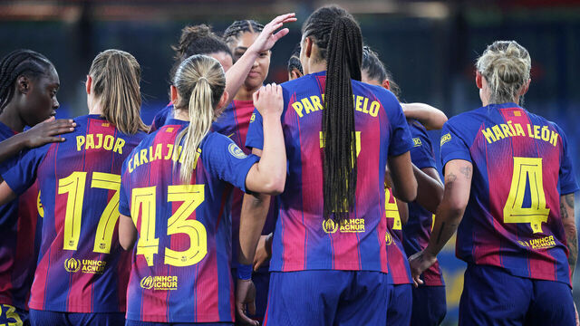 FC Barcelona players celebrate during the match between FC Barcelona Femeni and Real Madrid Femenino, corresponding to the second leg of the Quarter-finals of the UEFA Women's Champions League, at the Spotify Camp Nou in Barcelona, Spain, on April 2, 2026.