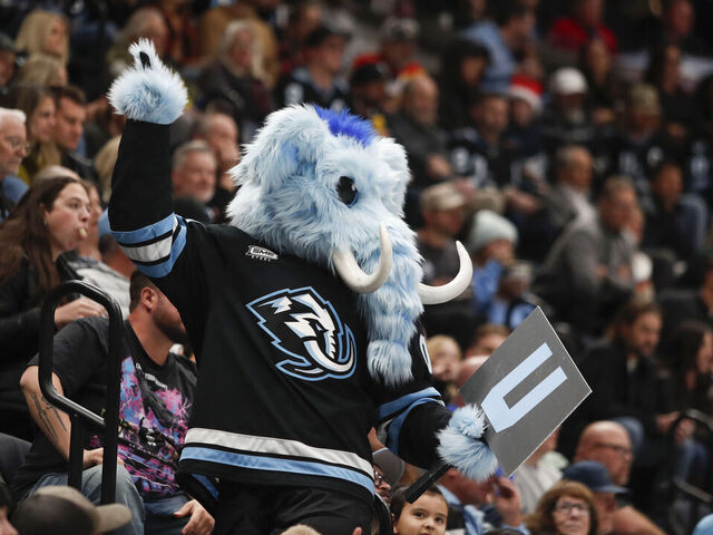 SALT LAKE CITY, UT - DECEMBER 10: Mascot Tusky of the Utah Mammoth cheers in the crowd during the third period of their game against of the Florida Panthers at the Delta Center on December 10, 2025 in Salt Lake City, Utah.