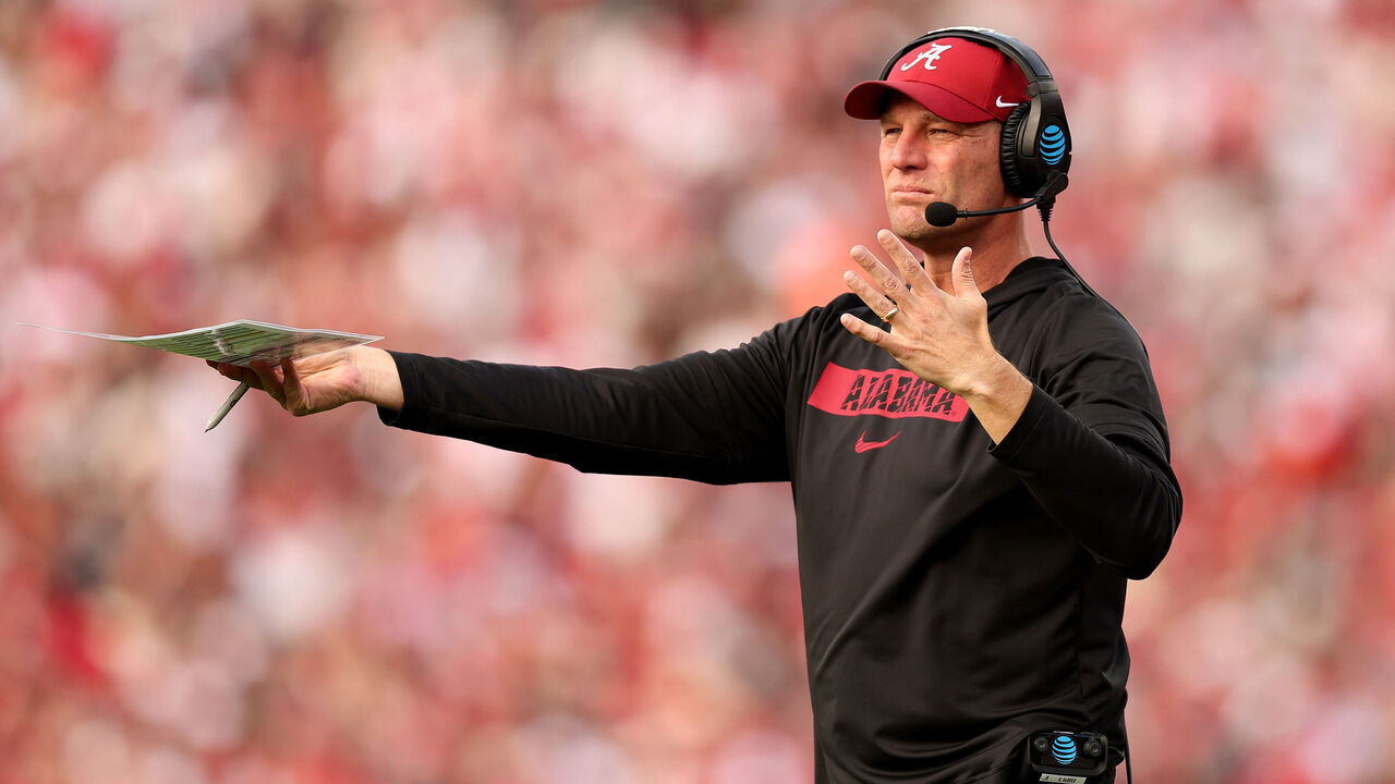PASADENA, CALIFORNIA - JANUARY 01: Head coach Kalen Deboer of the Alabama Crimson Tide looks on against the Indiana Hoosiers in the College Football Playoff Quarterfinal at Rose Bowl Stadium on January 01, 2026 in Pasadena, California.