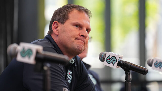 SEATTLE, WASHINGTON - APRIL 22: Seattle Kraken General Manager Jason Botterill speaks to the media at a press conference at the Kraken Community Iceplex on April 22, 2025 in Seattle, Washington.