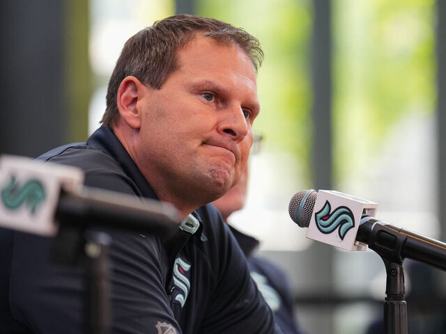 SEATTLE, WASHINGTON - APRIL 22: Seattle Kraken General Manager Jason Botterill speaks to the media at a press conference at the Kraken Community Iceplex on April 22, 2025 in Seattle, Washington.
