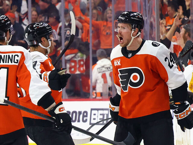 PHILADELPHIA, PENNSYLVANIA - APRIL 22: Nick Seeler #24 of the Philadelphia Flyers (r) celebrates his second period goal against the Pittsburgh Penguins in Game Three of the First Round of the 2026 Stanley Cup Playoffs at Xfinity Mobile Arena on April 22, 2026 in Philadelphia, Pennsylvania.
