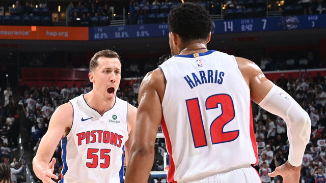 DETROIT, MI - APRIL 22: Duncan Robinson #55 of the Detroit Pistons celebrates during the game against the Orlando Magic during Round One Game Two of the 2026 NBA Playoffs on April 22, 2026 at Little Caesars Arena in Detroit, Michigan. NOTE TO USER: User expressly acknowledges and agrees that, by downloading and/or using this photograph, User is consenting to the terms and conditions of the Getty Images License Agreement. Mandatory Copyright Notice: Copyright 2026 NBAE