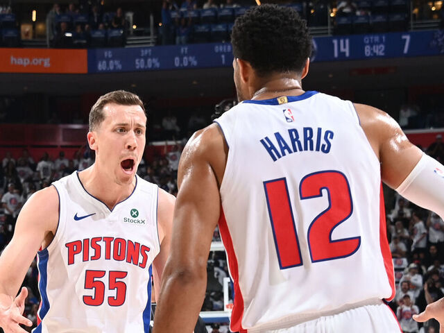 DETROIT, MI - APRIL 22: Duncan Robinson #55 of the Detroit Pistons celebrates during the game against the Orlando Magic during Round One Game Two of the 2026 NBA Playoffs on April 22, 2026 at Little Caesars Arena in Detroit, Michigan. NOTE TO USER: User expressly acknowledges and agrees that, by downloading and/or using this photograph, User is consenting to the terms and conditions of the Getty Images License Agreement. Mandatory Copyright Notice: Copyright 2026 NBAE