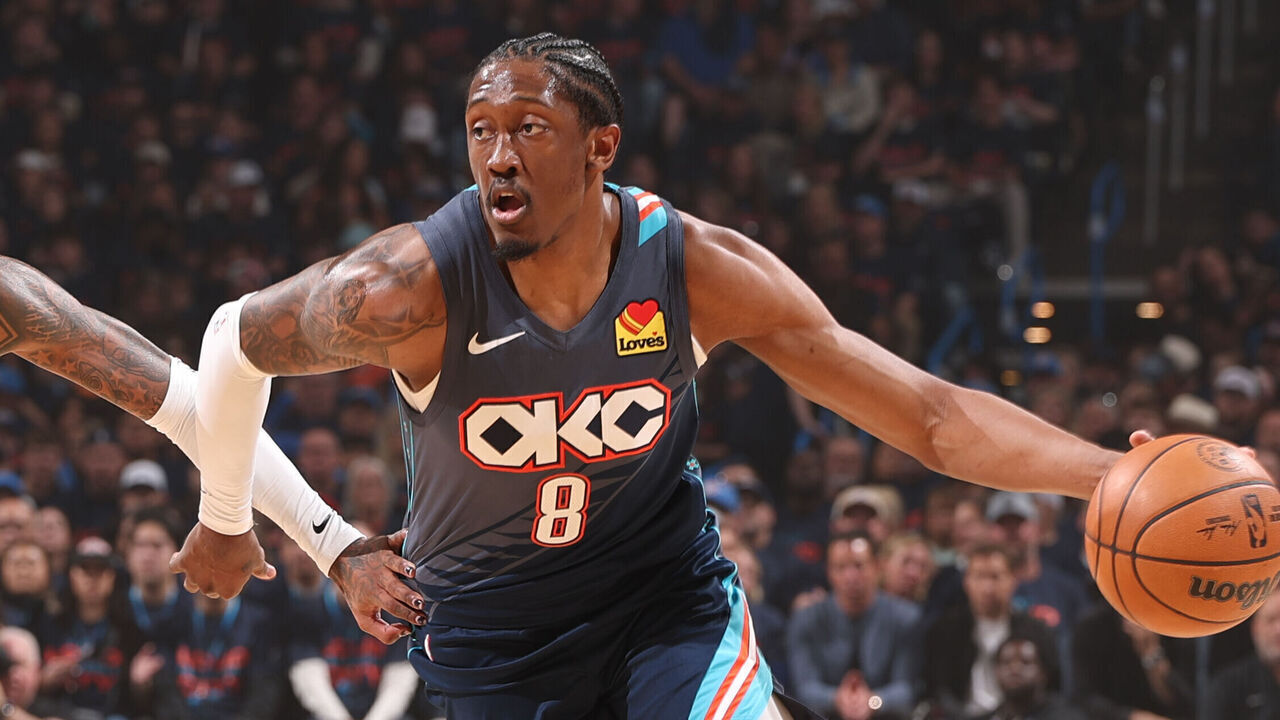 OKLAHOMA CITY, OK - APRIL 22: Jalen Williams #8 of the Oklahoma City Thunder dribbles the ball during the game against the Phoenix Suns during Round 1 Game 2 of the 2026 NBA Playoffs on April 22, 2026 at Paycom Center in Oklahoma City, Oklahoma. Mandatory Copyright Notice: Copyright 2026 NBAE