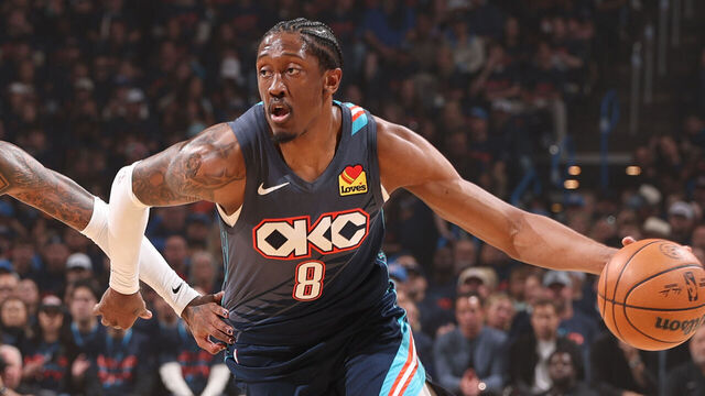 OKLAHOMA CITY, OK - APRIL 22: Jalen Williams #8 of the Oklahoma City Thunder dribbles the ball during the game against the Phoenix Suns during Round 1 Game 2 of the 2026 NBA Playoffs on April 22, 2026 at Paycom Center in Oklahoma City, Oklahoma. Mandatory Copyright Notice: Copyright 2026 NBAE