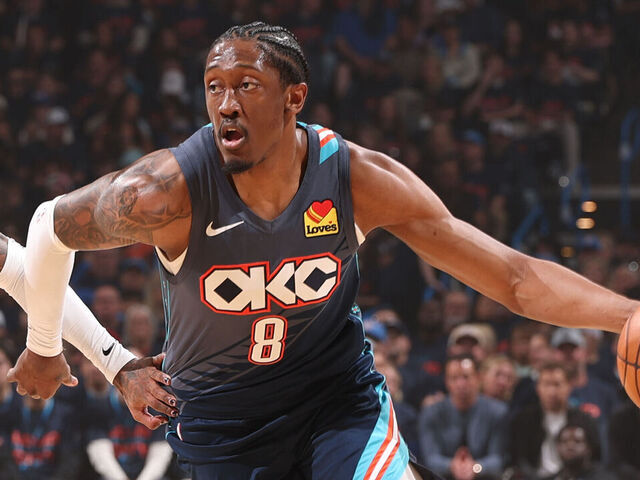 OKLAHOMA CITY, OK - APRIL 22: Jalen Williams #8 of the Oklahoma City Thunder dribbles the ball during the game against the Phoenix Suns during Round 1 Game 2 of the 2026 NBA Playoffs on April 22, 2026 at Paycom Center in Oklahoma City, Oklahoma. Mandatory Copyright Notice: Copyright 2026 NBAE