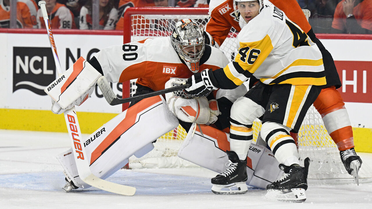 PHILADELPHIA , PA - APRIL 22: Philadelphia Flyers goaltender Dan Vladar #80 tends net during game three of the Stanley Cup Playoffs First Round between the Philadelphia Flyers and the Pittsburg Penguins on April 22nd, 2026 at the Xfinity Mobile Arena in Philadelphia, PA.