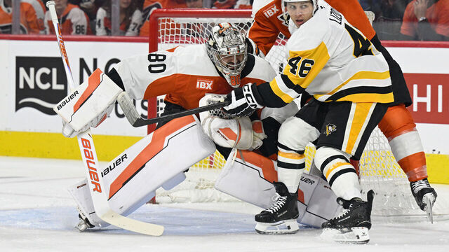 PHILADELPHIA , PA - APRIL 22: Philadelphia Flyers goaltender Dan Vladar #80 tends net during game three of the Stanley Cup Playoffs First Round between the Philadelphia Flyers and the Pittsburg Penguins on April 22nd, 2026 at the Xfinity Mobile Arena in Philadelphia, PA.