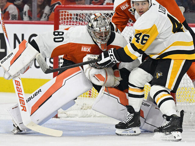 PHILADELPHIA , PA - APRIL 22: Philadelphia Flyers goaltender Dan Vladar #80 tends net during game three of the Stanley Cup Playoffs First Round between the Philadelphia Flyers and the Pittsburg Penguins on April 22nd, 2026 at the Xfinity Mobile Arena in Philadelphia, PA.