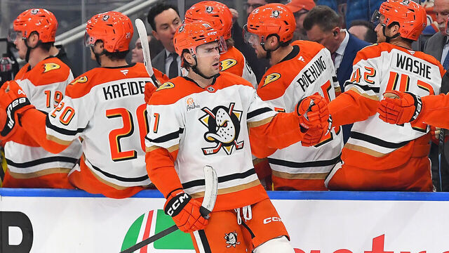 EDMONTON, CANADA - APRIL 22: Cutter Gauthier #61 of the Anaheim Ducks celebrates a first-period goal at the bench during Game Two of the First Round of the 2026 Stanley Cup Playoffs against the Edmonton Oilers at Rogers Place on April 22, 2026, in Edmonton, Alberta, Canada.