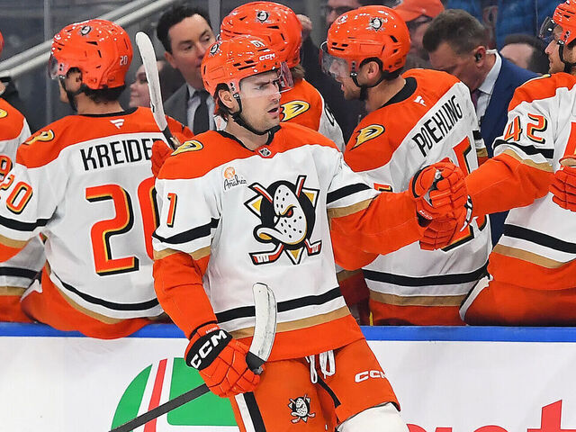 EDMONTON, CANADA - APRIL 22: Cutter Gauthier #61 of the Anaheim Ducks celebrates a first-period goal at the bench during Game Two of the First Round of the 2026 Stanley Cup Playoffs against the Edmonton Oilers at Rogers Place on April 22, 2026, in Edmonton, Alberta, Canada.