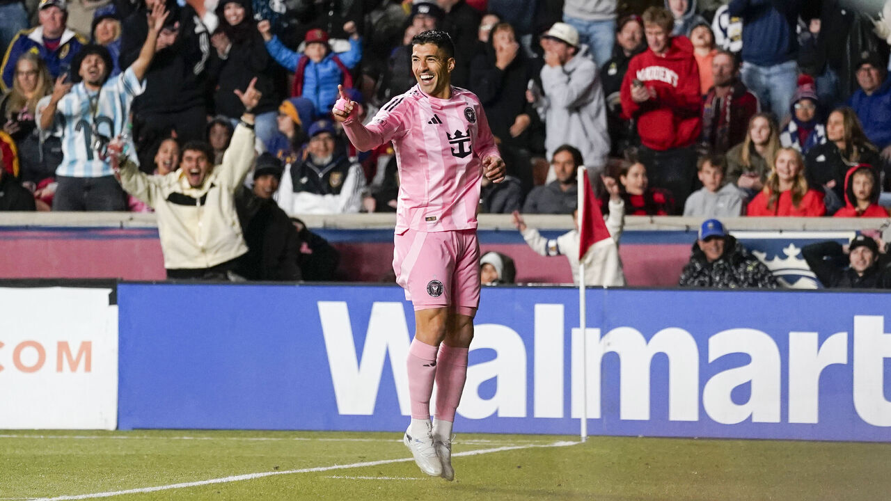 SANDY, UT - APRIL 22: Luis Suárez #9 of Inter Miami CF celebrates a second half goal during an MLS match between Inter Miami CF and Real Salt Lake on April 22, 2026 at America First Field in Sandy, UT.