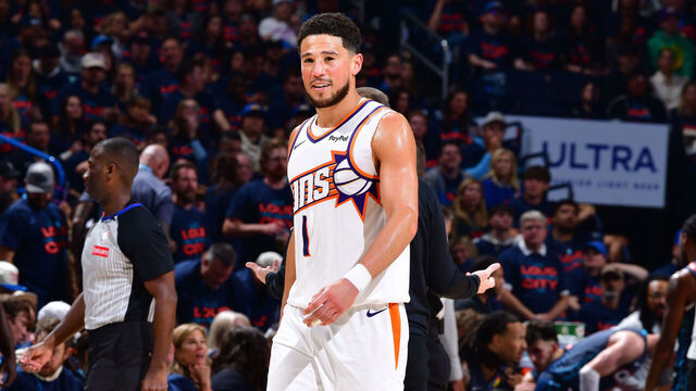 OKLAHOMA CITY, OK - APRIL 22: Devin Booker #1 of the Phoenix Suns smiles against the Oklahoma City Thunder during Round One Game Two of the 2026 NBA Playoffs on April 22, 2026 at Paycom Center in Oklahoma City, Oklahoma. Mandatory Copyright Notice: Copyright 2026 NBAE