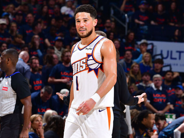 OKLAHOMA CITY, OK - APRIL 22: Devin Booker #1 of the Phoenix Suns smiles against the Oklahoma City Thunder during Round One Game Two of the 2026 NBA Playoffs on April 22, 2026 at Paycom Center in Oklahoma City, Oklahoma. Mandatory Copyright Notice: Copyright 2026 NBAE